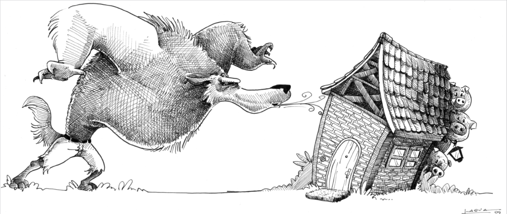 Ilustração dos Lobo Mau e os Três Porquinhos produzida pelo professor Laqua com técnica de hachuras