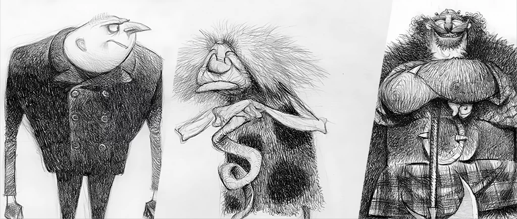Desenhos de 3 personagens feitos pelo Carter Goodrich com a técnica de hachuras
