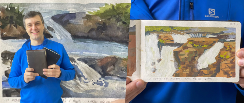 Fotos do professor Laqua segurando sketchbooks que ele utiliza para ilustrar em plein air