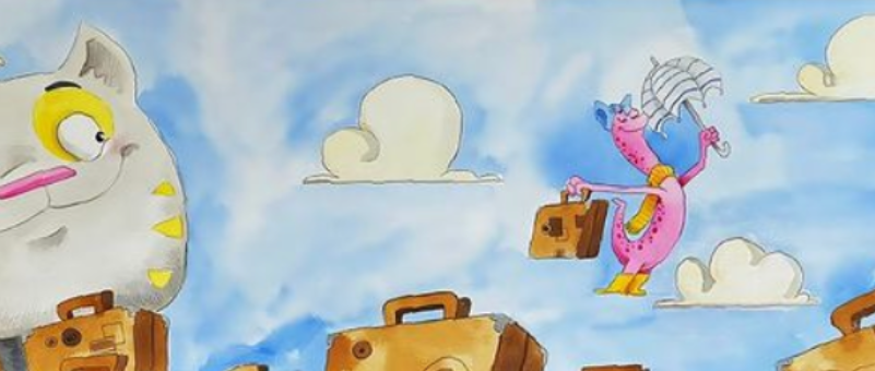 Ilustração de capa do livro infantil Tisca, a Lagartixa, feita em aquarela, em que ela aparece voando enquanto é observada pelo gato Mimo